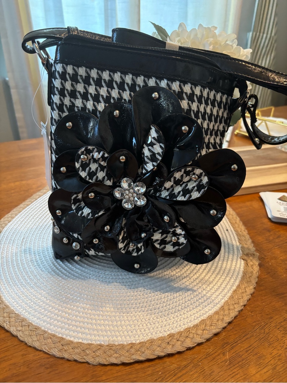 Black & White Floral Accent Crossbody Bag - Women